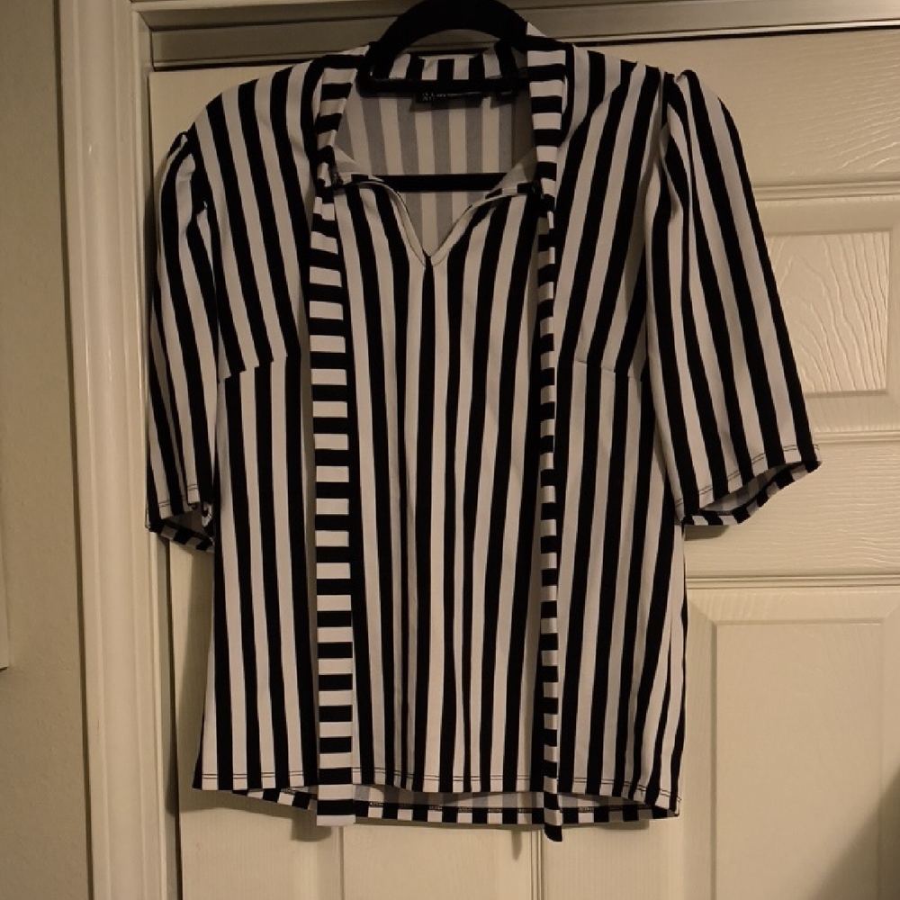 New York & Company Black and White Striped V-Neck Top